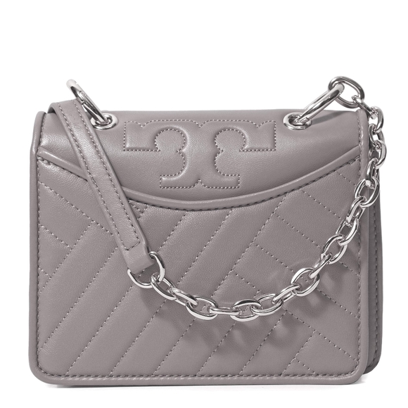 Tory Burch Alexa Quilted Mini Gray Leather Shoulder Bag Chain Strap - Picture 1 of 11